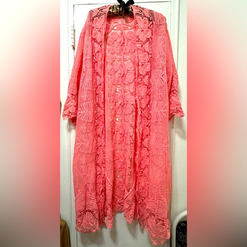 MIGUELINA Revolve Pink Scalloped Lace Crochet Pink Cover Up Small Beach Resort